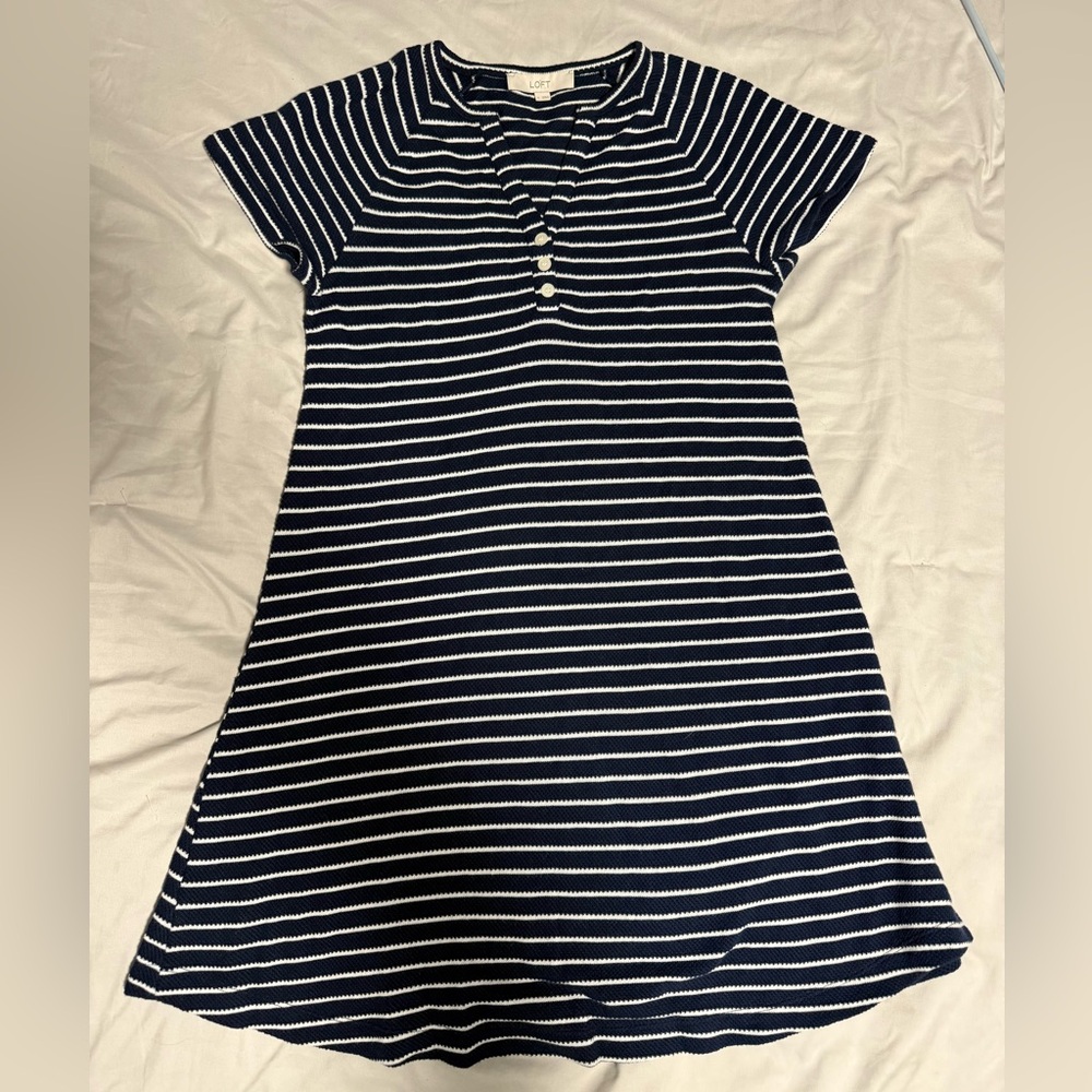LOFT Navy and White Striped Short Sleeve Henley Dress